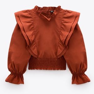 NWT ZARA Ruffled Poplin Shirt Brick S